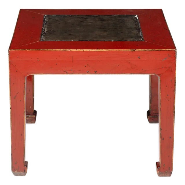 Antique Chinese Red Painted Side Table With Inset Slate Stone Top For Sale