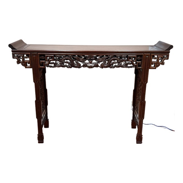 Vintage Genghis Khan Furniture Carved Rosewood Dragon Altar Console Table For Sale