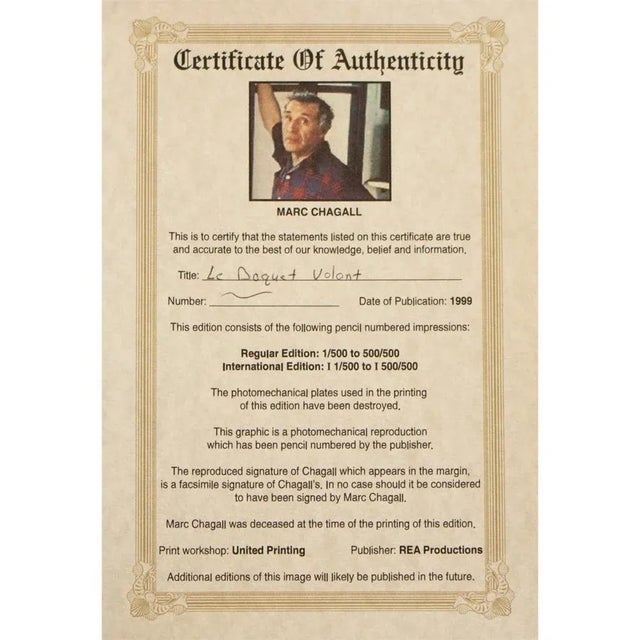 XL 1999 After Chagall "The Flying Bouquet" Limited Edition Numbered Poster For Sale - Image 12 of 13