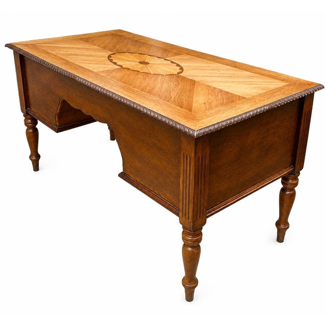 English Late 20th Century Compass Star Parquetry Oak Executive Desk With Keyboard Drawer & Carved Rope Edge For Sale - Image 3 of 9