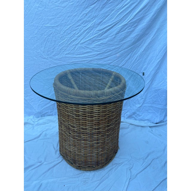 Modern California Coastal Chic Rattan Wicker Round Table With Glass Top For Sale - Image 3 of 9