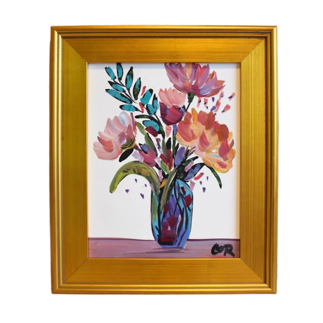 English Impressionist Bouquet, of Flowers in Vase Oil Painting W/ Antiqued Gold Wood Frame For Sale - Image 3 of 7