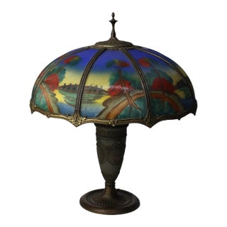 Oversized Antique Jefferson School Scenic Reverse Painted Table Lamp C1900 For Sale