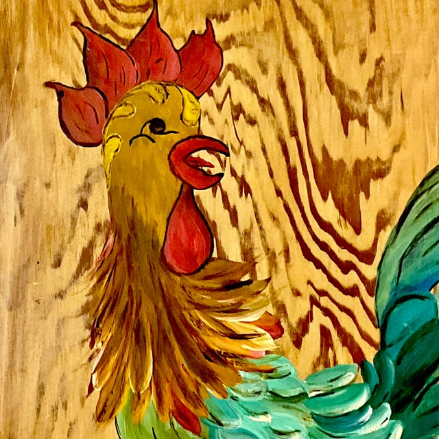 1970s Mid-Century Farmhouse Chic Original Acrylic Painting, Chicken on Pine Wood For Sale - Image 10 of 14