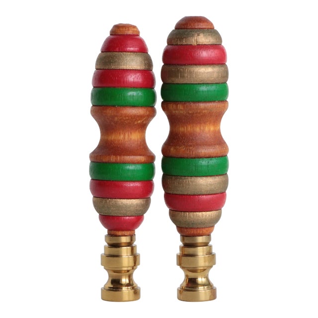Striped Wooden Lamp Finials - a Pair For Sale