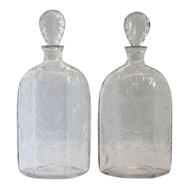 Pair English Harry Powell for Whitefriars Glass Spanish Cut Decanters For Sale