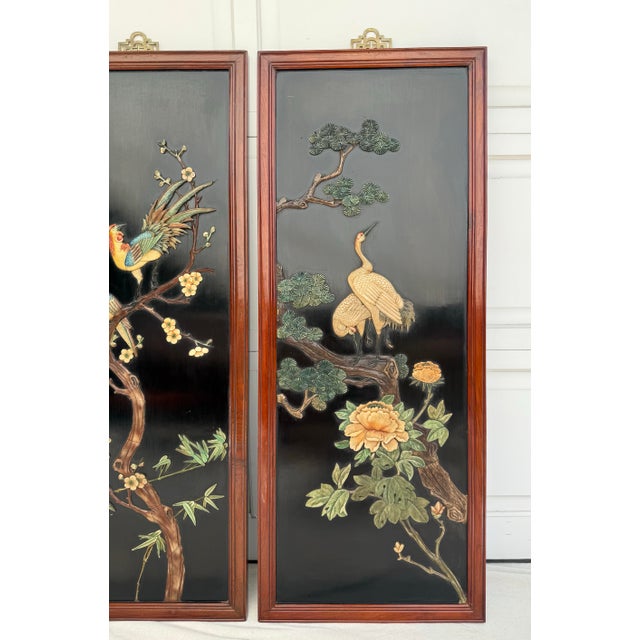 Set of 4 Asian Chinoiserie Hand Carved Soapstone and Lacquer Wall Art Panels For Sale - Image 9 of 12