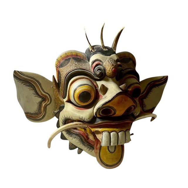 Folk Art 1950s Balinese Carved Wood Deity Mask Wall Decor With Moving Ears For Sale - Image 3 of 5