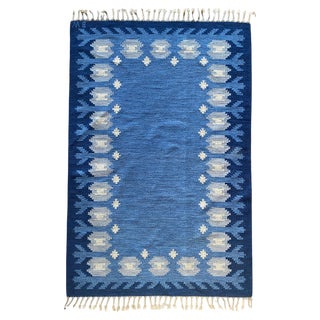 Scandinavian Modern Blue Rölakan Flatweave Rug by Berit Koenig Woelfer, Sweden, 1960s For Sale