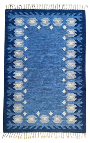 Scandinavian Modern Blue Rölakan Flatweave Rug by Berit Koenig Woelfer, Sweden, 1960s