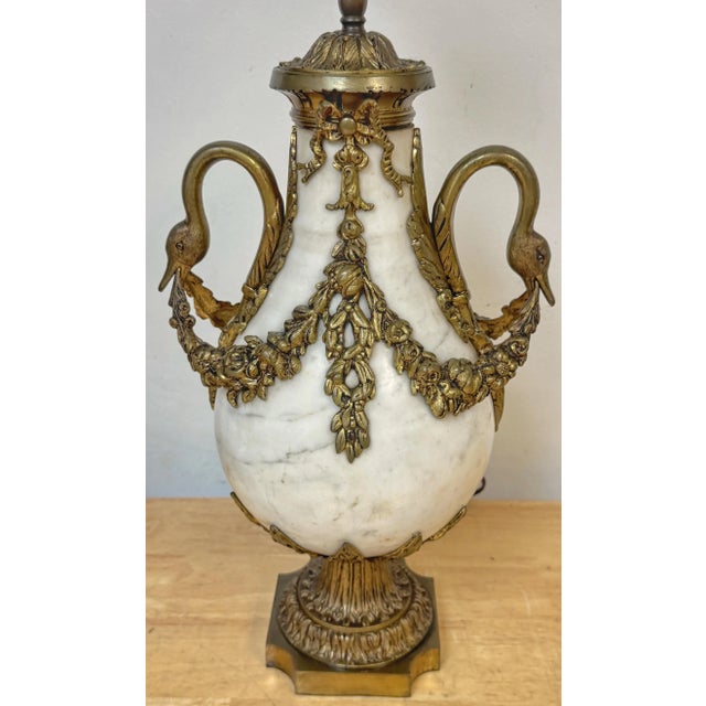 Pair of French Louis XVI Style White Marble & Gilt Bronze Swan-Handle Urn Lamps For Sale - Image 12 of 12