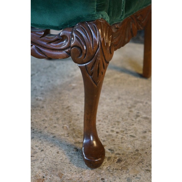 Emerald Victorian Revival Carved Mahogany Velvet Upholstered Library Reading Armchair For Sale - Image 8 of 18
