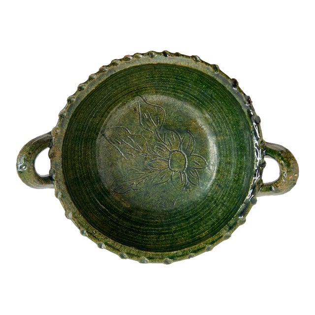 Rustic Oaxacan Barro Verde Pottery Serving Bowl With Handles Green Glazed Incised Floral Earthenware Oaxaca Mexico For Sale