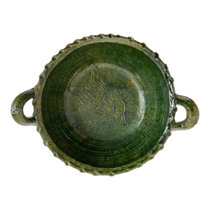Rustic Oaxacan Barro Verde Pottery Serving Bowl With Handles Green Glazed Incised Floral Earthenware Oaxaca Mexico