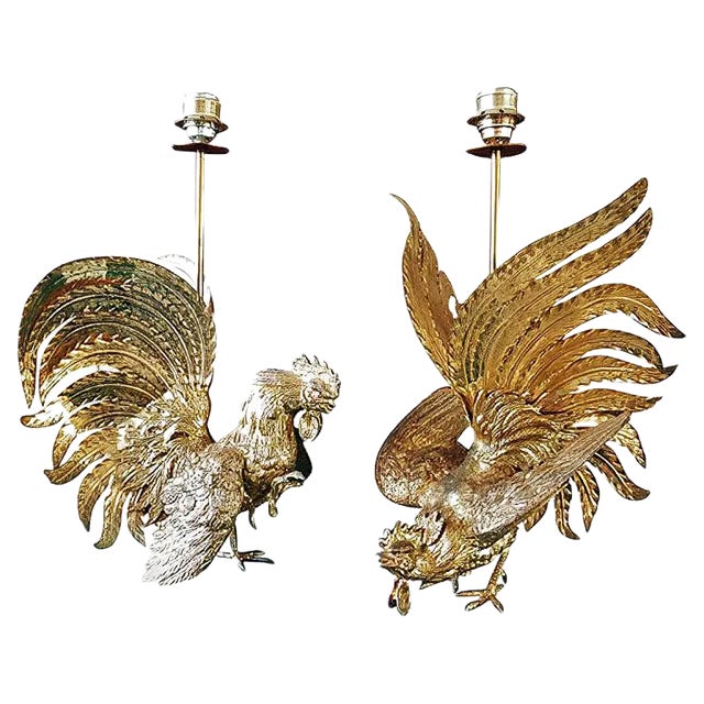 Brass Rooster Table Lamps, 1960s, Set of 2 For Sale