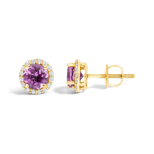 Contemporary 10K Yellow Gold Purple Amethyst and 1/6 Cttw Diamond Halo Stud Earring For Sale - Image 3 of 5
