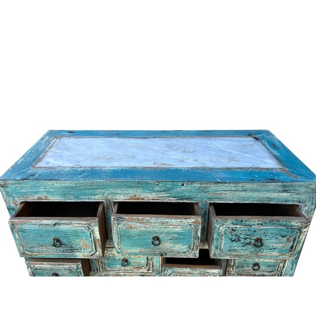 Distressed Turquoise Blue Stone Top 11 Drawers Credenza Sideboard Cabinet For Sale In San Francisco - Image 6 of 6