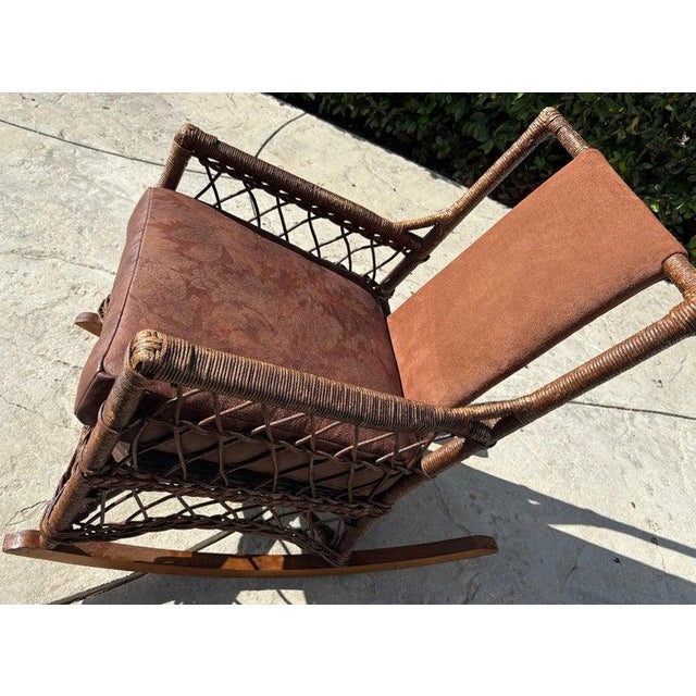 Folk Art 1930s Bar Harbor Wicker Rocking Chair W/ Leather Seat Cushion and Backing For Sale - Image 3 of 7