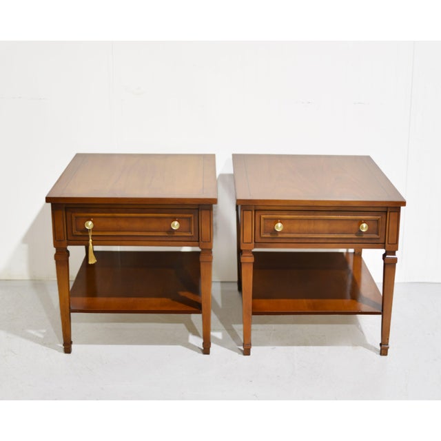 Transitional Mid Century Transitional Side Tables, Single Drawer With Lower Shelf - A Pair For Sale - Image 3 of 10