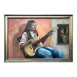 Vintage Original Oil Painting of a Woman Playing Guitar by Barbara Dahlin