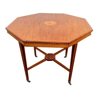 Antique English Regency Style Satinwood Hexagonal Shape Inlaid Decorated Top Octagonal Center Table on Brass Casters For Sale