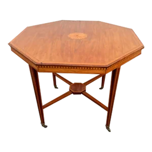 Antique English Regency Style Satinwood Hexagonal Shape Inlaid Decorated Top Octagonal Center Table on Brass Casters