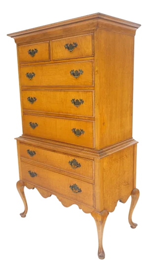 Queen Ann Tiger Maple 7 Drawers High Boy Dresser Solid Oak Dovetail Drawers NICE