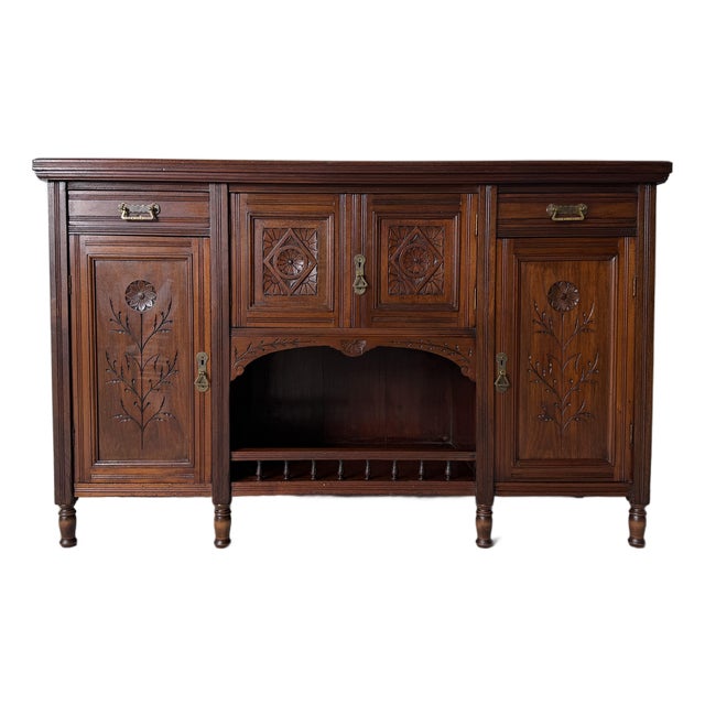 Antique Edwardian Solid Mahogany Carved Buffet / Sideboard Cabinet With Floral Motifs For Sale