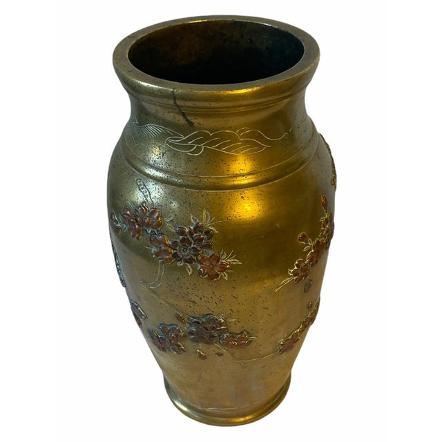 19th Century Antique Japanese High Relif Birds Flowers Mixed Metal Bronze Copper Brass Vase For Sale - Image 4 of 11