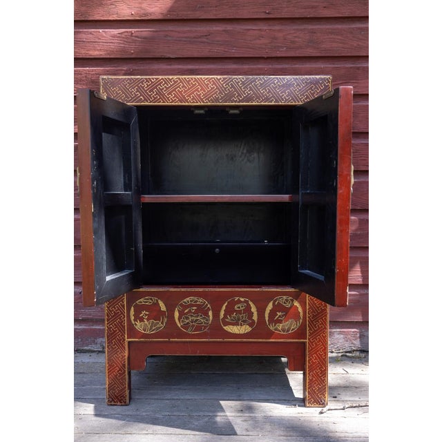 Chinoiserie Rare Pair of 19th Century Chinese Red Lacquer Chinoiserie Cabinets For Sale - Image 3 of 16