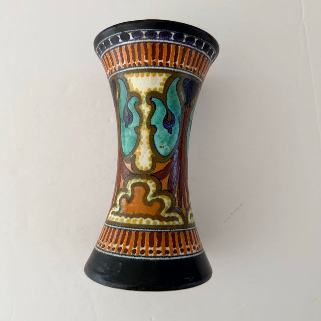 Art Deco Antique 1920s Dutch Schoonhoven Gouda Art Pottery Hourglass Vase For Sale - Image 3 of 6