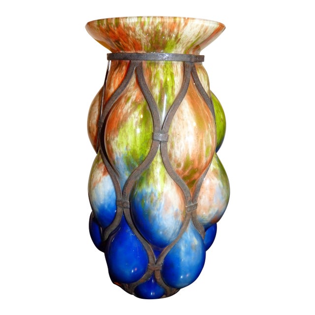 Large 10" Art Deco 1930s Czech Brutalist "Imprisoned" Spatter Glass Vase by Kralik For Sale