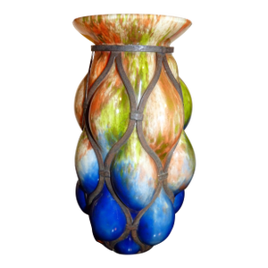 Large 10" Art Deco 1930s Czech Brutalist "Imprisoned" Spatter Glass Vase by Kralik