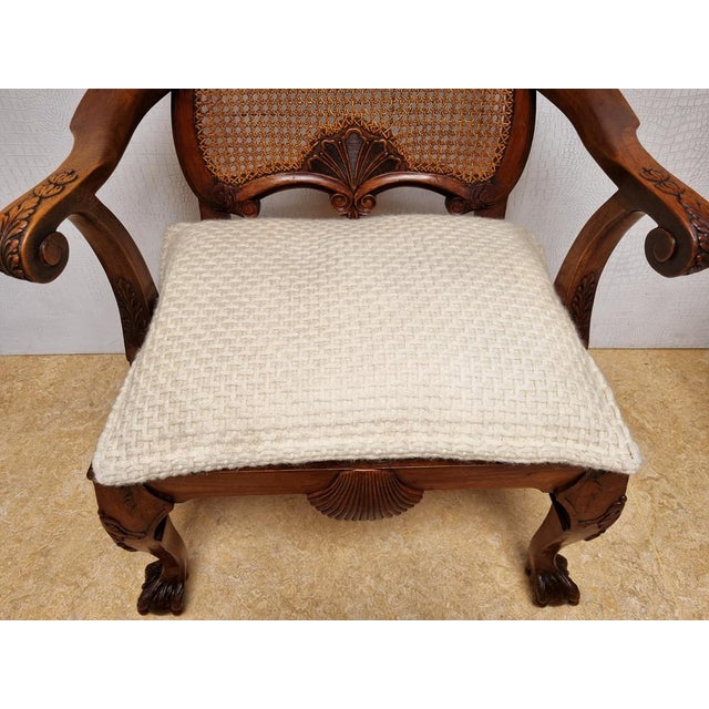 Chippendale Bergere Armchair in Carved Mahogany with Caned Backrest and Lion's Claw and Ball For Sale - Image 3 of 18