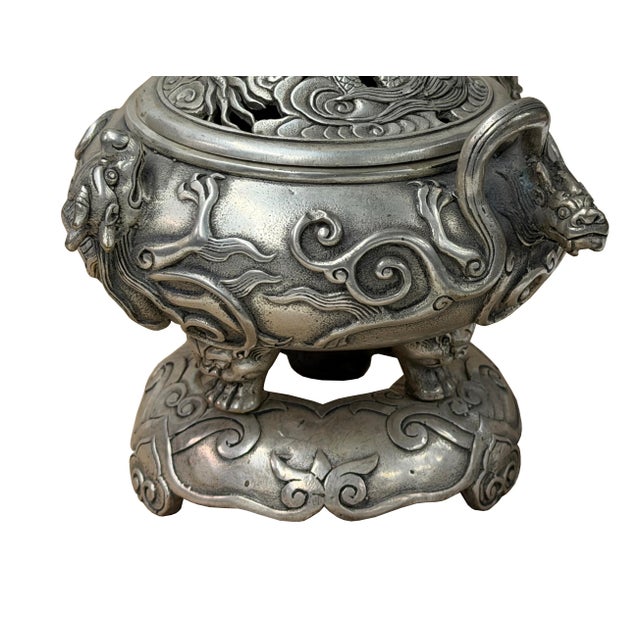 Chinese Silver Color Round Dragon Theme Incense Burner Display Art For Sale - Image 14 of 18