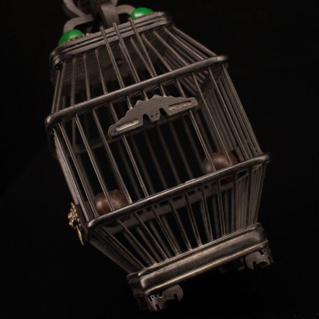 Ebony Late 19th Century Ebony Wood Cricket Cage With Gemstone Inlay, 200g, 9" Tall For Sale - Image 8 of 9