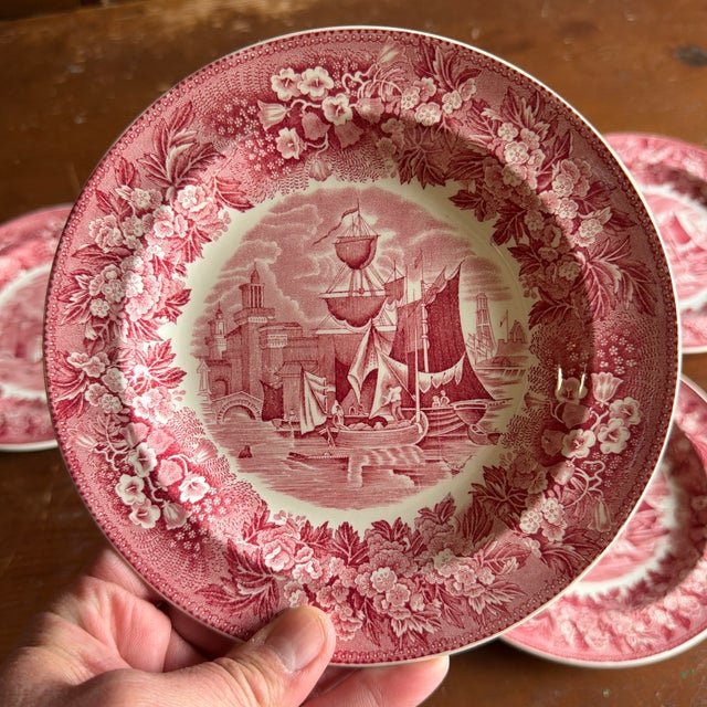 Red A Fine Set of 5 Vintage Wedgwood “Ferrara” Red Transferware Plates, 1960's For Sale - Image 8 of 12
