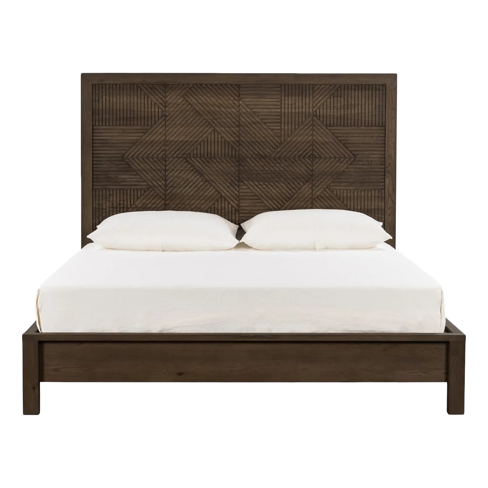 Walnut Stain Geometric Queen Bed Frame | Chairish