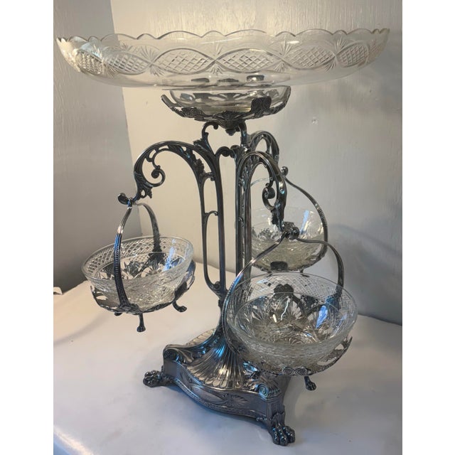 English Vintage Silver Metal and Crystal Epergne For Sale - Image 3 of 12