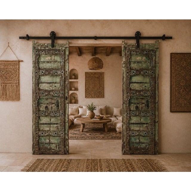 Antique Indian Carved and Painted Teakwood Door, Gujarat, c. 1880–1900, an outstanding antique architectural element with...