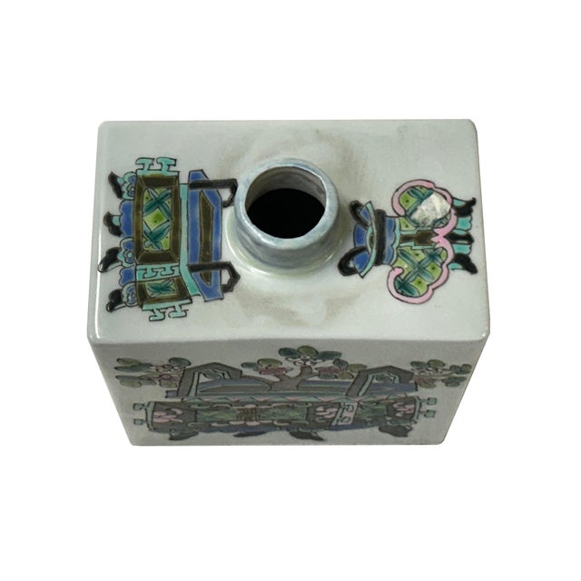 Chinese Flower Ding Vase Graphic Rectangular Porcelain Tea Caddy Jar For Sale - Image 9 of 10