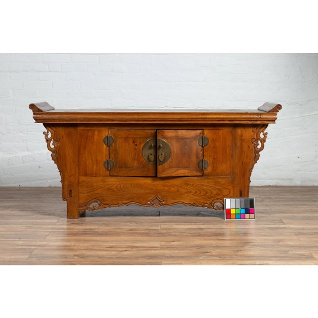 Wood Chinese Elmwood Two-Door Low Kang Cabinet with Everted Flanges and Scrolls For Sale - Image 7 of 13