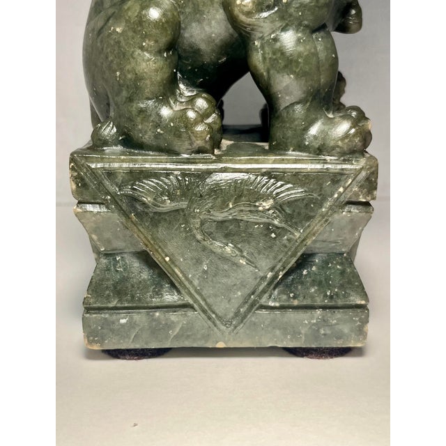 Vintage Chinese Green Serpentine Jade Pixiu - Fierce Guardian Figurine 7 1/2'' For Sale In Los Angeles - Image 6 of 11