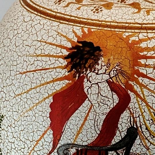 Stunning Greek ceramic vessel featuring a distinct crackle-glaze finish, and polychrome figures inspired by classical...