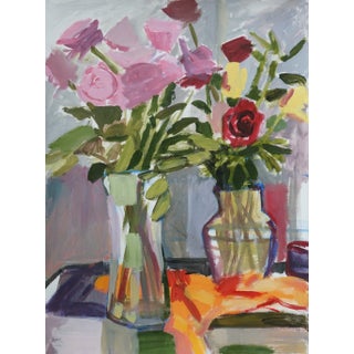 Still Life of Glass Vases With Roses Acrylic on Paper Gestural Abstract Painting For Sale
