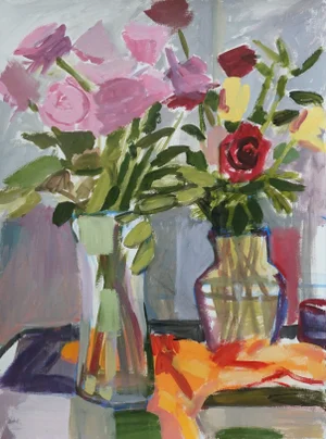 Still Life of Glass Vases With Roses Acrylic on Paper Gestural Abstract Painting