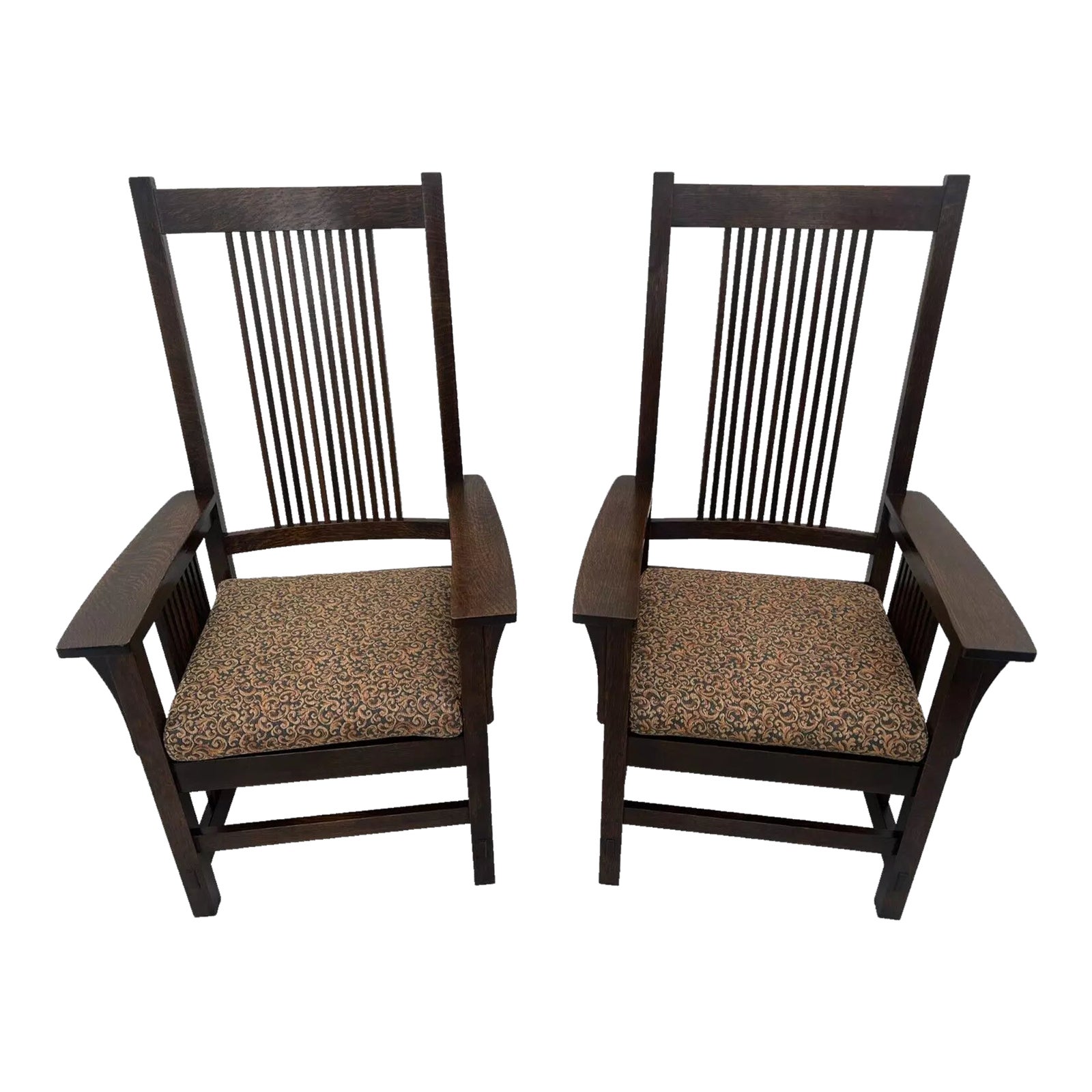 1990s Stickley Mission Arm Chairs Spindle Back and Sides Dark English