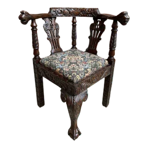 Antique English Corner Arm Chair Carved Oak Renaissance Floral Upholstery