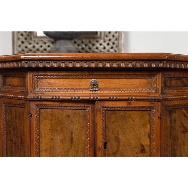 Pair of 1800s Italian Carved Walnut Cabinets with Canted Sides, Drawer and Doors For Sale - Image 10 of 12