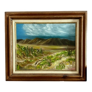 Massive 28" Original 1980 Lawson Southwest Desert Oil Painting - Framed Sonoran Cactus Landscape For Sale